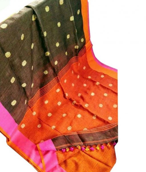 Black &amp; Orange Buti Ball Linen Saree